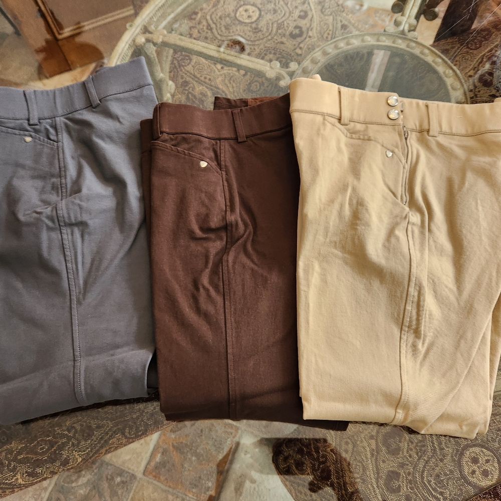 3 ARIAT Breeches/Equestrian Riding Pants. 32L. Knee Patches. Blue, Brown, & Tan